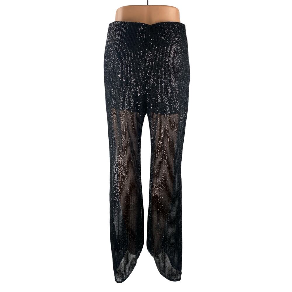 NEW Nasty Gal Women's Black Sequin Sparkly Sheer Wide Leg Trousers Pants Size 8 - Picture 4 of 6